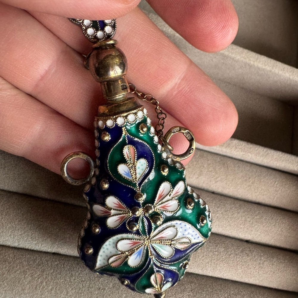Beautiful Sterling silver enamel oil and perfume decanter - Picture 1 of 13